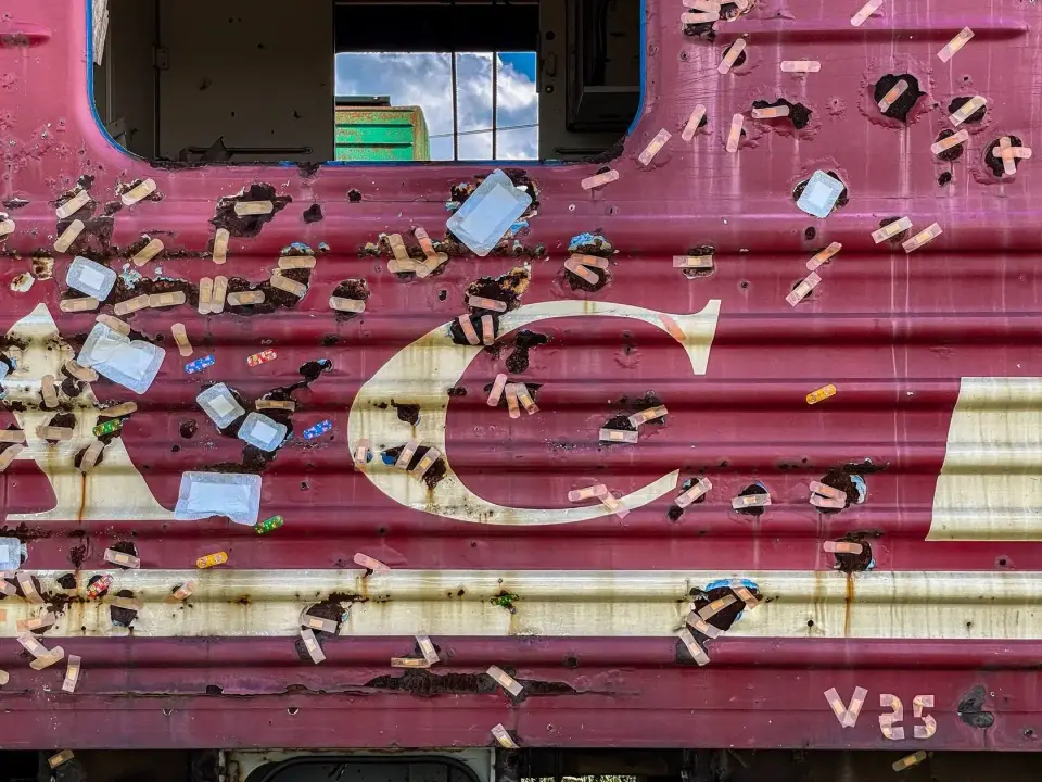 All Will Pass, installation, wagon covered in adhesive plasters, view 1