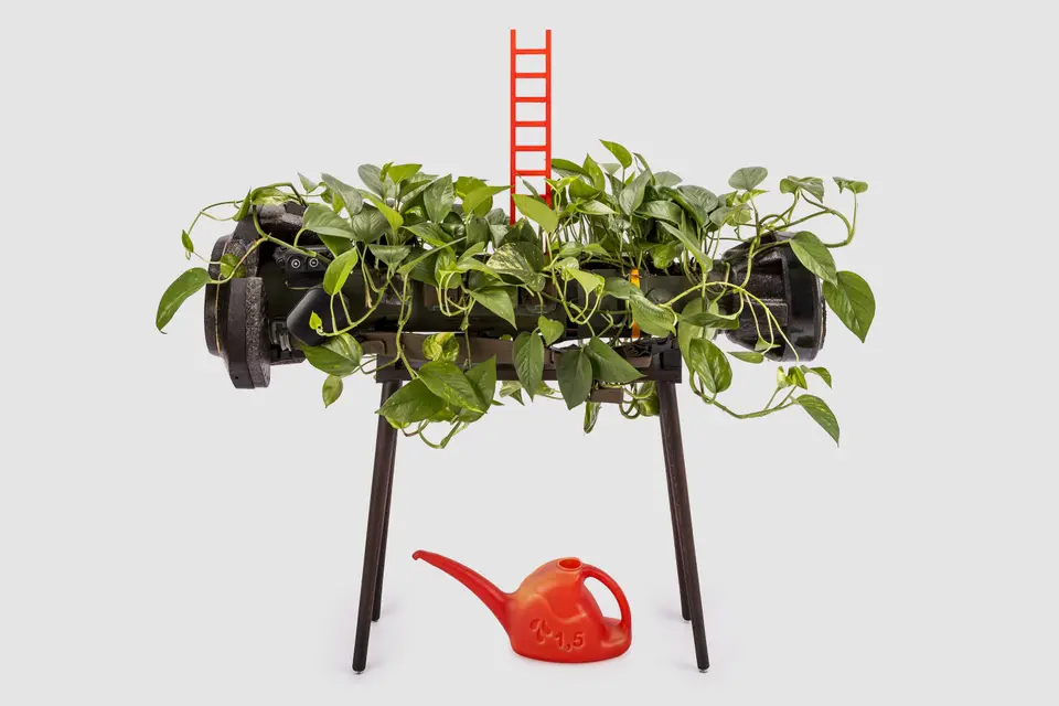 Ladder of Virtues, installation with NLAW rocket and living vine, view 1