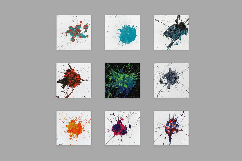 Unfreefall, polyptych of nine canvases with poured acrylic paint