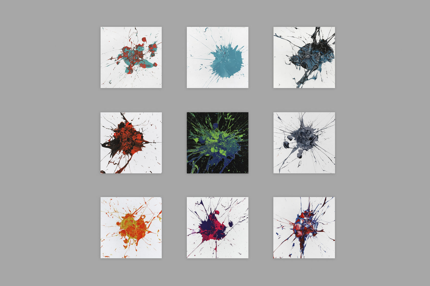Unfreefall, polyptych of nine canvases with poured acrylic paint